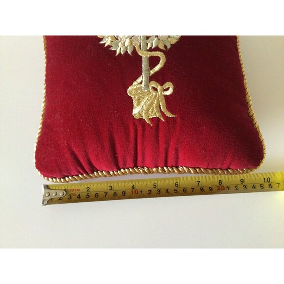 Vintage Red Velvet Pillow Set With Gold Embroidered Bird & Green Accent Cushion - Picture 7 of 10